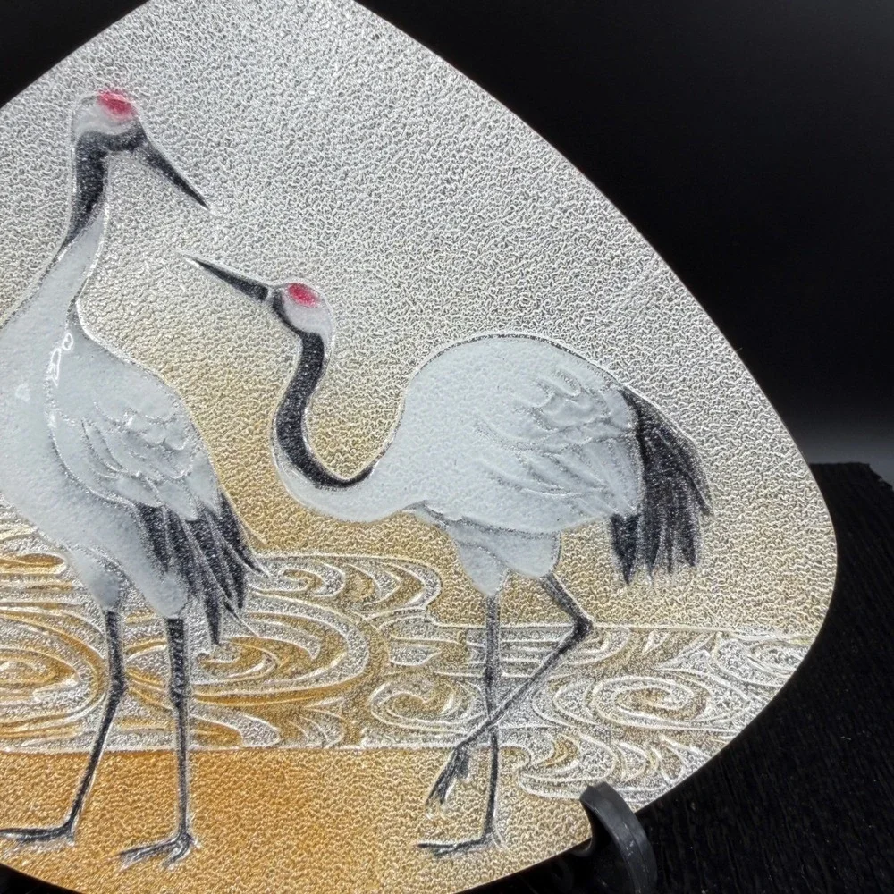 Ando Cloisonne Japanese Enamel Fan Plate Red Crowned‎ Cranes Silver Gold w Stand